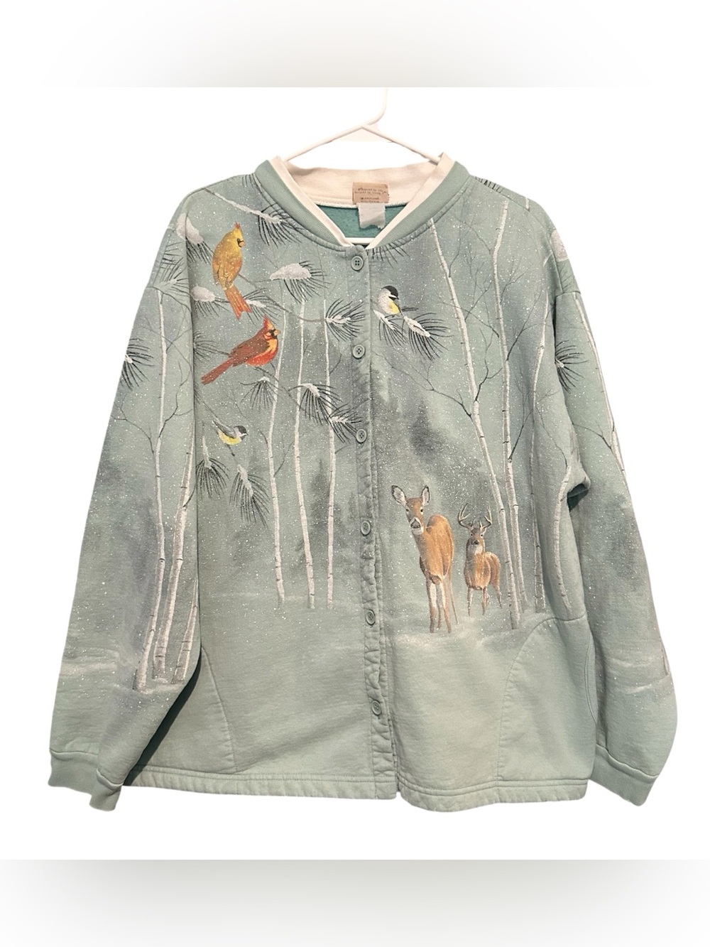 VTG Artisans Cardinal, Deer, Birch Tree Winter Scape Cardigan Women’s XXL
